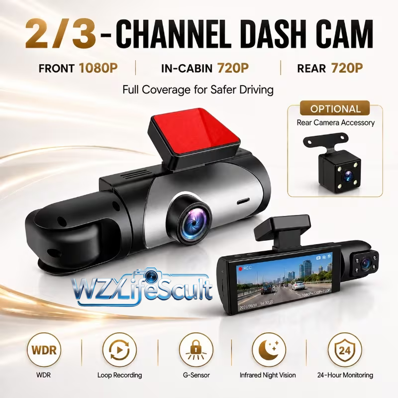 Panoramic Dash Cam 360 - 2/3-канальный HD видеорегистратор, 1080p спереди +